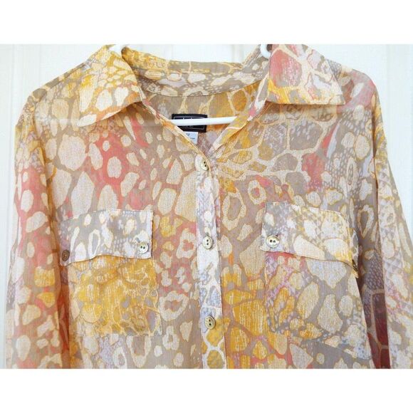 Lark Lane Orange Sheer Geometric Button Down Roll Tab Sleeve Shirt 12 - Picture 4 of 7